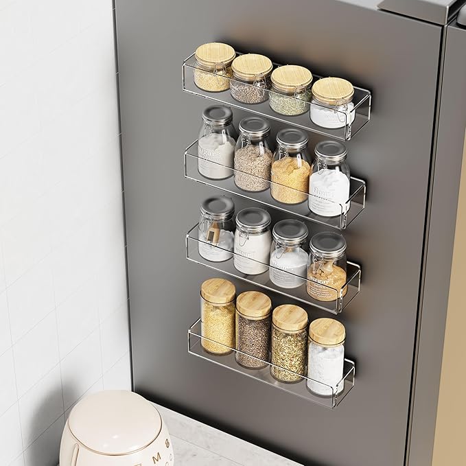 4 Pack Acrylic Spice Racks for Refrigerator and Oven, Magnetic Fridge Organizers and Storage, Clear