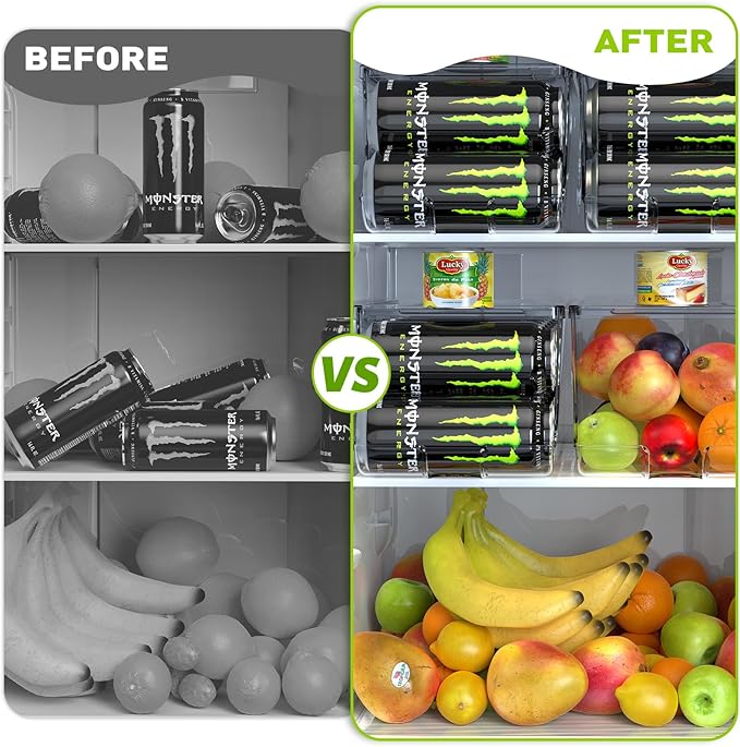 2 Pack Tall Skinny Can Organizer for Refrigerator, Stackable Large Soda Cans of 16oz & 17oz Beverage Energy Drink Container Holder Dispenser with Lid for Fridge, Clear Storage Plastic Bins