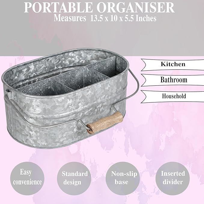 Alpha Living Home - Galvanized Metal Utensil Caddy – Rustic Farmhouse Organizer for Kitchen, Buffet & Outdoor Events, 13.5"x10"x5.5" with Removable Handle & Multi-Compartment Storage