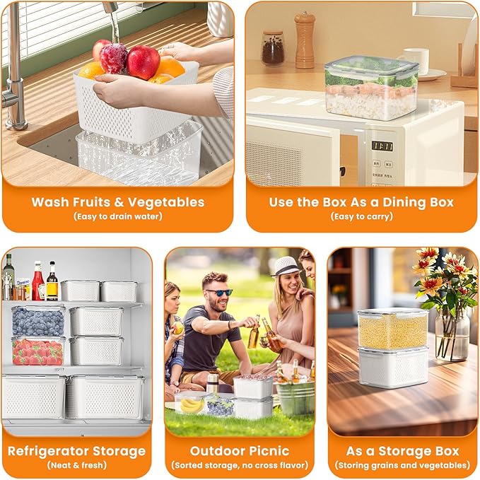 Fruit Storage Containers for Fridge - 6PCS Food Storage Containers with Lids - Produce Containers for Fridge with Removable Colander - Keep Berry Fruit Vegetable Food Meat Fresh Longer