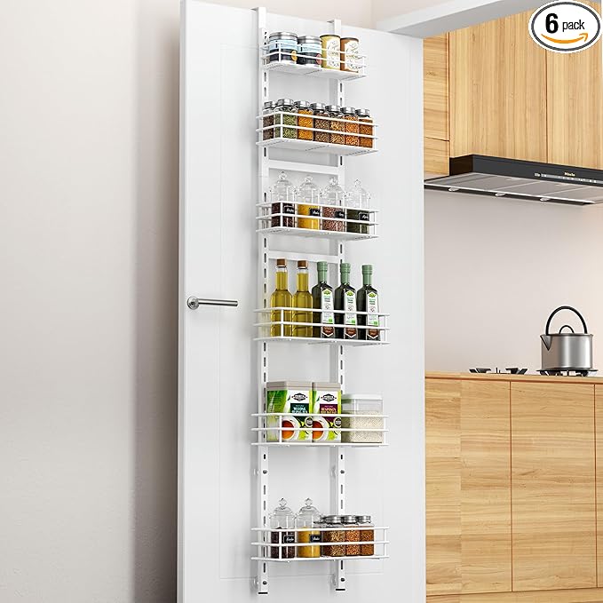 Pantry Door Organizer 12 Inch Wide, 6 Tier Hanging Adjustable Over the Door Spice Rack For Narrow Space,Matt White