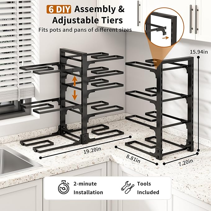 Adjustable Pots and Pans Organizer Under Cabinet, 8-Tier Pot and Pan Organizers Inside Cabinet, Kitchen Cabinet Organizers and Storage, Black