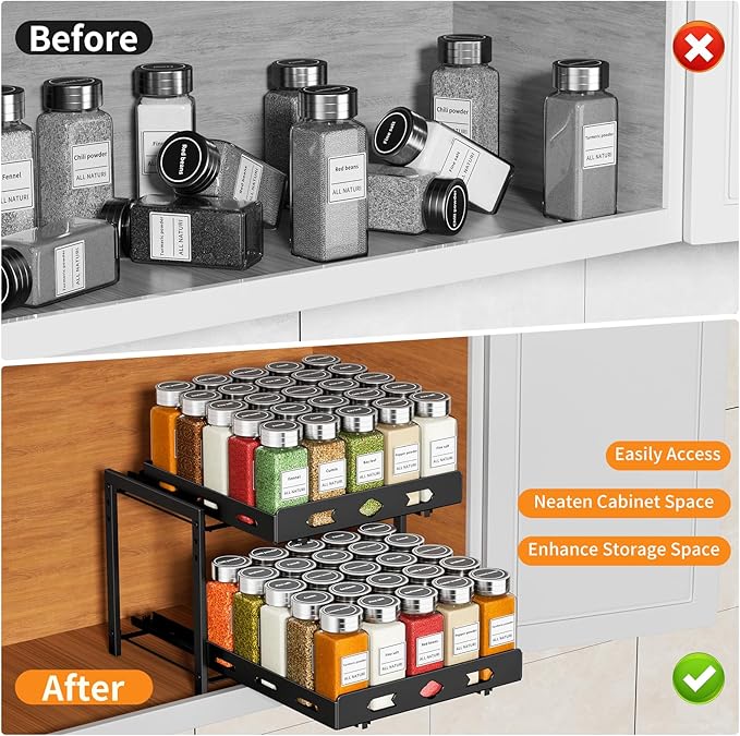 RCHYFEED Pull Out Spice Rack Organizer for Cabinet, 2-Tier Heavy Duty Slide Out Spice Rack for Inside Cabinets & Pantry, Kitchen Seasoning Organizer Vertical Spice Racks,11.9" Wx10.8 Dx9.7 H,Black