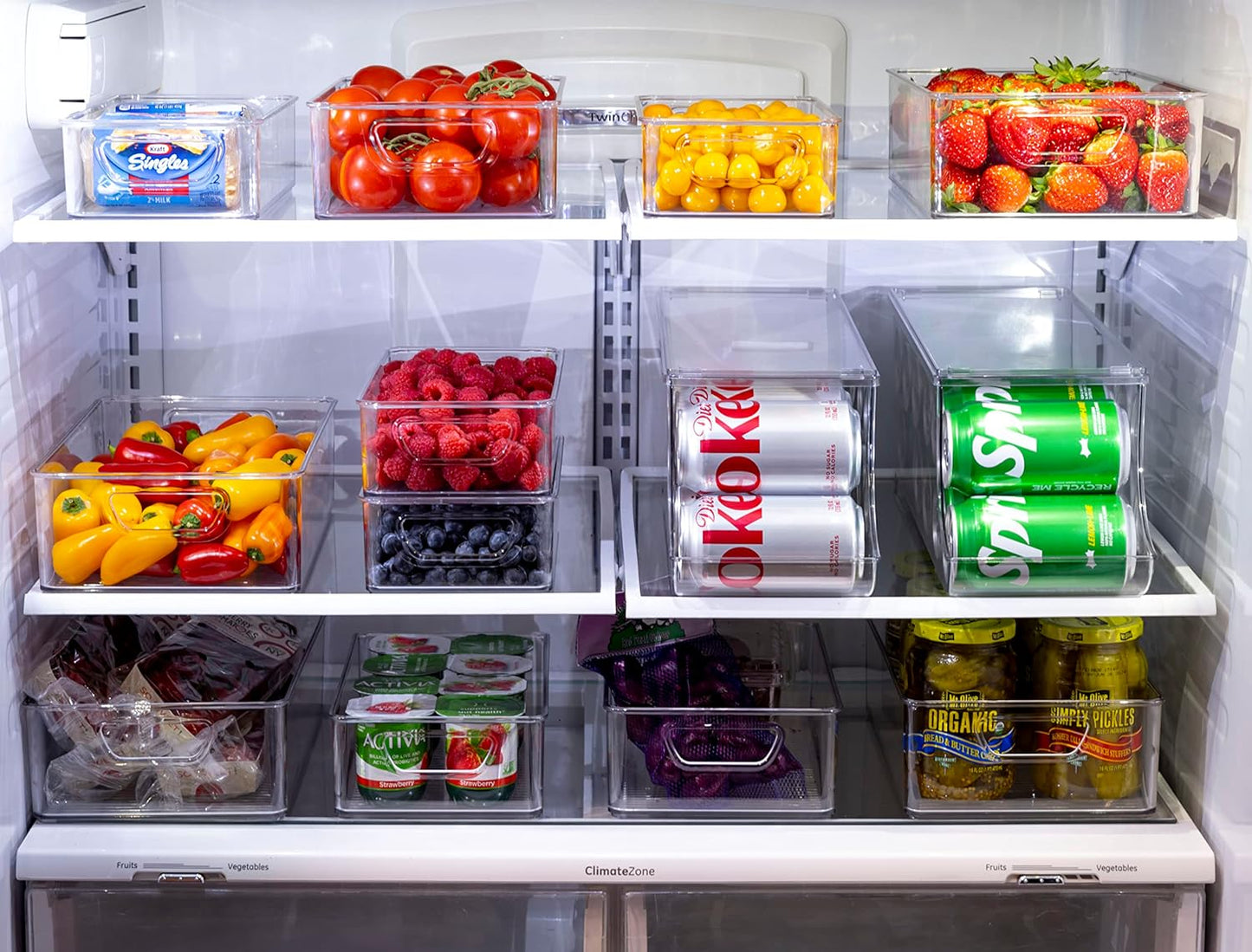 Munfix Set Of 16 Refrigerator Organizer Bins - Plastic Pantry Organization and Storage Baskets - Stackable Food Fridge Organizers with Cutout Handles for Freezer, Kitchen, Countertops, Cabinets