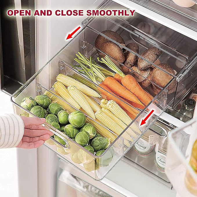 3 Pack Refrigerator Organizer Bins with Pull-out Drawer, Large Stackable Fridge Drawer Organizer Set with Handle, Drawable Clear Storage Cases for Freezer, Cabinet, Kitchen, Pantry Organization