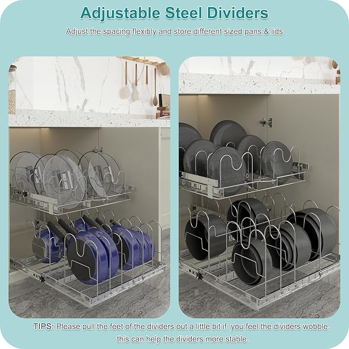 TQVAI Pots and Pans Organizer Expandable Pot Lid Holder Pull Out Kitchen Cabinet Organizer Sliding Pantry Shelves, Cabinet Request at Least 23.5" W x 23.5" D x 23.5" H, Chrome