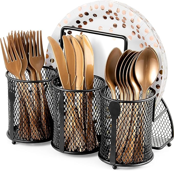 Metal Utensil Caddy Silverware Organizer, Paper Plate Holder Cutlery Container, Flatware Spoon Fork Storage for Outdoor Party Camping Picnic Buffet RV BBQ Farmhouse Kitchen Countertop (Black)