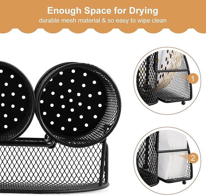 Metal Utensil Caddy Silverware Organizer, Paper Plate Holder Cutlery Container, Flatware Spoon Fork Storage for Outdoor Party Camping Picnic Buffet RV BBQ Farmhouse Kitchen Countertop (Black)