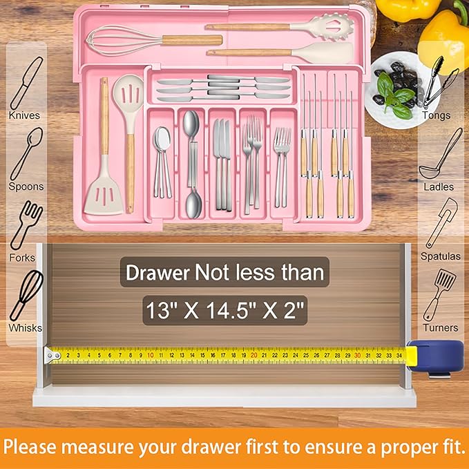 Homecor Silverware Organizer - Expandable Large Kitchen Drawer Organizer Utensil Organizer with 2 Knife Block Inserts, 22"x 19"Cutlery Tray with Drawer Dividers for Kitchen Flatware (Pink)