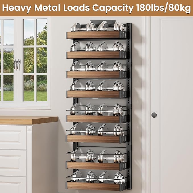 8 Tier Over The Door Pantry Organizer, 2 IN 1 Wall Mount or Hanging Spice Rack Seasoning Shelves with Adjustable Basket, Back of Door Organizer and Storage for Kitchen Cabinet and Room Closet