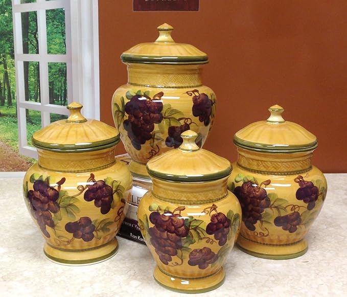 Tuscany Grape Hand Painted Ceramic 4PCs Canister Set with Lid, Kitchen Storage Jar, Food Storage Container, Airtight Storage Container With Rubber Seal
