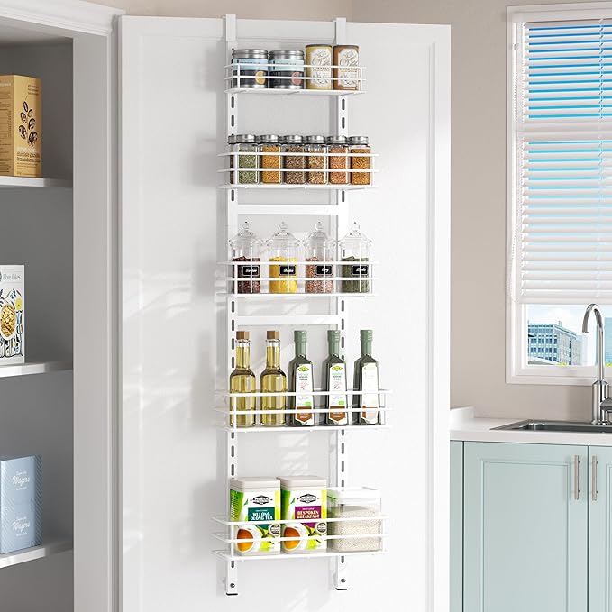 Pantry Door Organizer 12 Inch Wide, 5 Tier Hanging Adjustable Over the Door Spice Rack For Narrow Space,Matt White