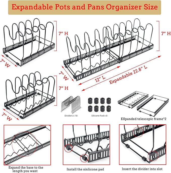 Expandable Pots and Pans Organizer Under Cabinet, with 10 Adjustable Dividers Pot and Pan Organizer, for Kitchen Baking Cookies Cookware Pantry Baking Pan Lid Organizer Black
