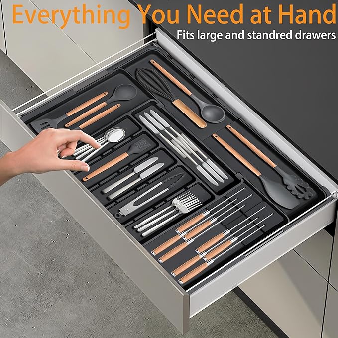 Homecor Silverware Organizer - Expandable Large Kitchen Drawer Organizer Utensil Organizer with 2 Removable Knife Blocks, 22"x 19"Cutlery Tray Drawer Dividers for Kitchen Flatware(6-9 Slots) (Black)