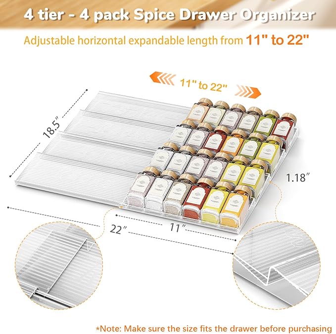 Spice Drawer Organizer 4-Pack, Expandable from 11" to 22" Clear Acrylic Spice Rack for Drawer, Ideal for Kitchen Spice Organization, Seasoning Organizer Holds Up to 48 Jars(Jars Not Included)