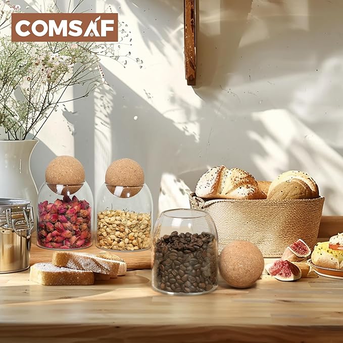 ComSaf Glass Storage Container with Ball Cork, 16 oz Small Glass Jar with Cork Lid, 1 Pack Candy Jar, Cute Decorative jar for Tip, Change, Salt, Sugar, Cookies, Bathroom Cotton Swab Qtip Holder