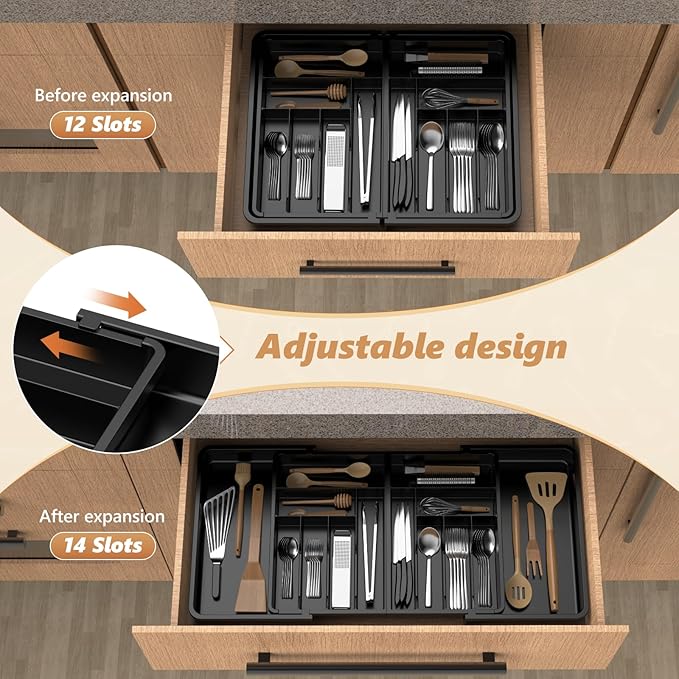 Large Silverware Drawer Organizer-Expandable From 22 to 36in-BPA Free Plastic Utensil Tray for Kitchen-Adjustable Flatware and Cutlery Holder for Spoons Forks Knives