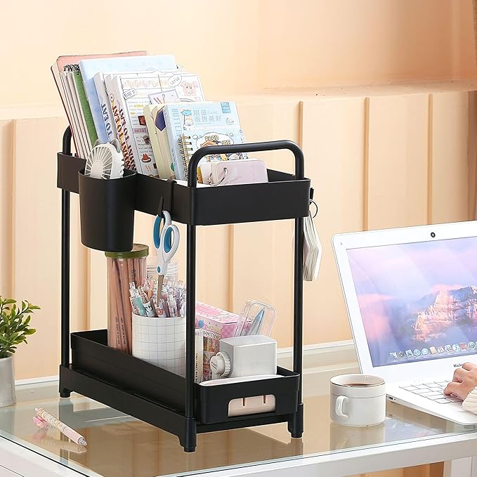 2 Pack Double-Layer Under Sink Organizer for Efficiently Utilizing Space, High Capacity and Space Saving, 2 Tier Sliding Under Sink Shelf with 4 Hooks and a Cup Slot(Black)