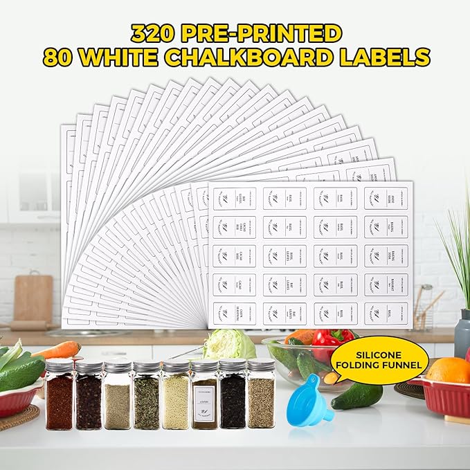 12 Spice Jars with 400 Spice Labels, 4Oz Empty Square Spice Storage Bottles Containers