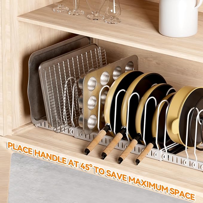 Pot And Pan Organizer Under Cabinet, Expandable Pans and Pots Organizer Rack Pot Lid Holder Shelf with 12 Different Size Dividers (12 Brackets-White)