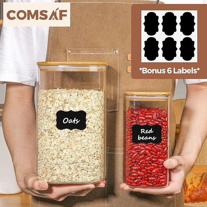 ComSaf Glass Pantry Storage Containers, 148/51 oz Large Square Flour and Sugar Containers with Airtight Lids, Gallon Glass Jars with Bamboo Lids for Rice, Pasta, Cookies, Coffee Beans
