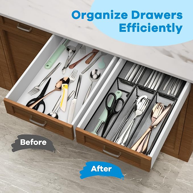 Utensil Drawer Organizer, Silverware Organizer, 2 Pack Silverware Drawer Organizer, Organizadores De Cocina, Flatware Organizer for Drawer with Interlocking Arm