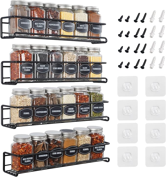 Spice Rack Wall Mounted 4 Tier – Space-Saving Kitchen Spice Organizer for Seasonings – Screw or Adhesive Hanging – Wall Mount Hanging Spice Rack for Wall, Cabinet, Pantry Door – Black