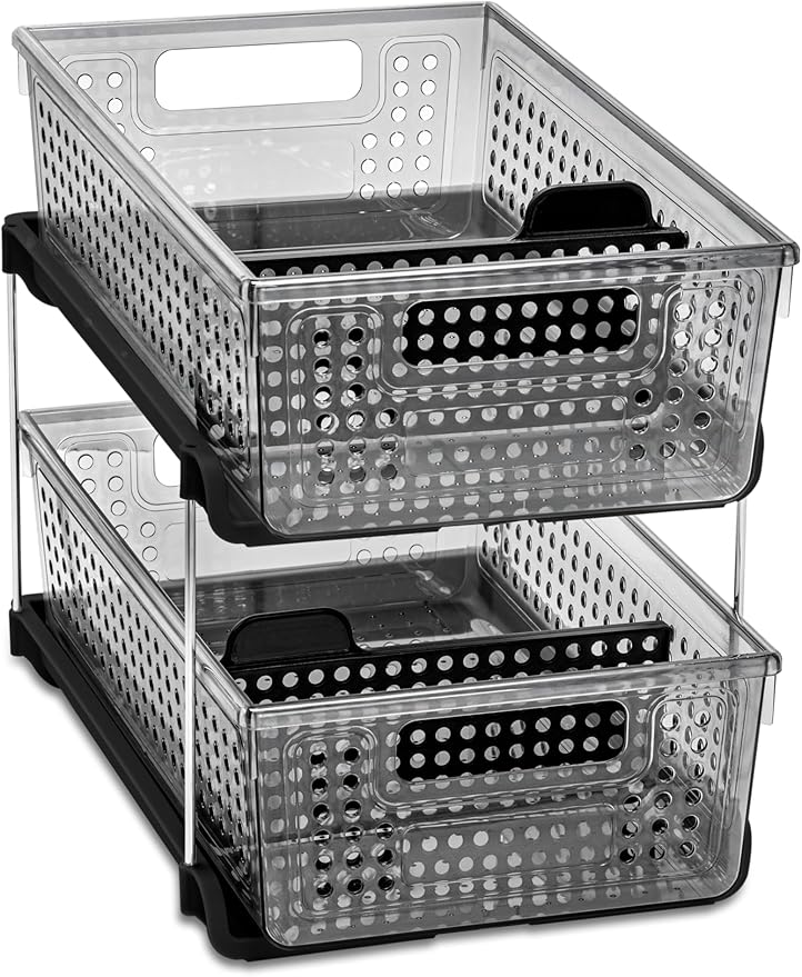 madesmart 2-Tier Organizer Multi-Purpose Slide-Out Storage with Handles and Dividers for Home and Bath, Pack of 1, Carbon