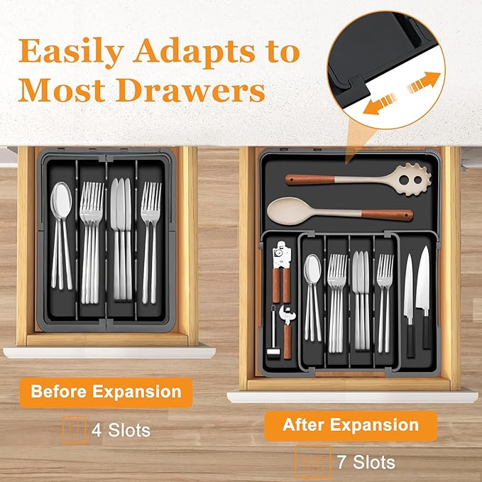 Homecor Silverware Organizer Expandable Kitchen Drawer Organizer with 7 Slots, Adjustable Cutlery Utensil Drawer Organizer, Kitchen Utensil Storage Tray for Forks Knives Spoons, Anti-Slip, Black