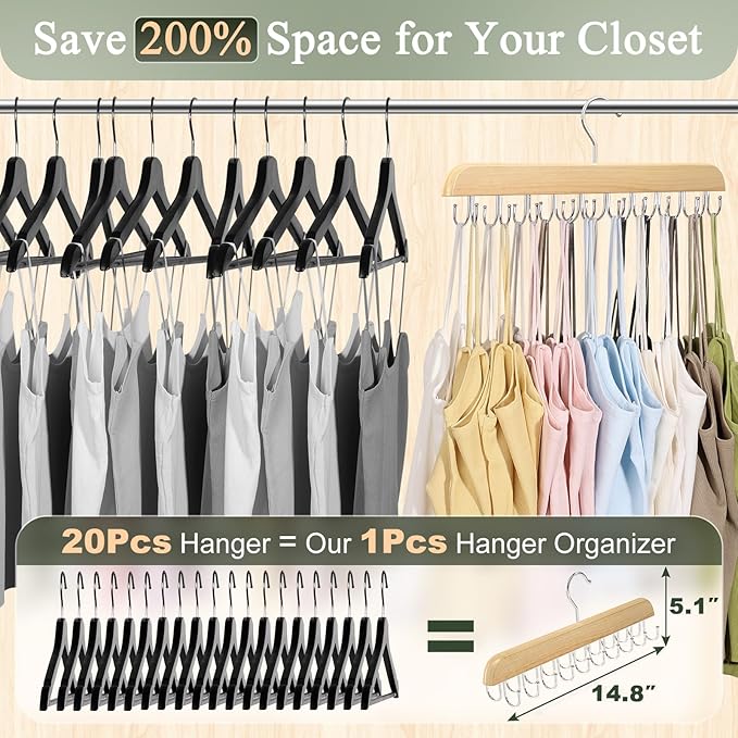 2 Pack Bra Hangers for Closet Organizer, Round Rectangle Bra Organizer with 40 Stainless Steel Hooks, Wooden Tank Top Hanger, Closet Organizers and Storage for Bras Camis Belts Ties, Natural