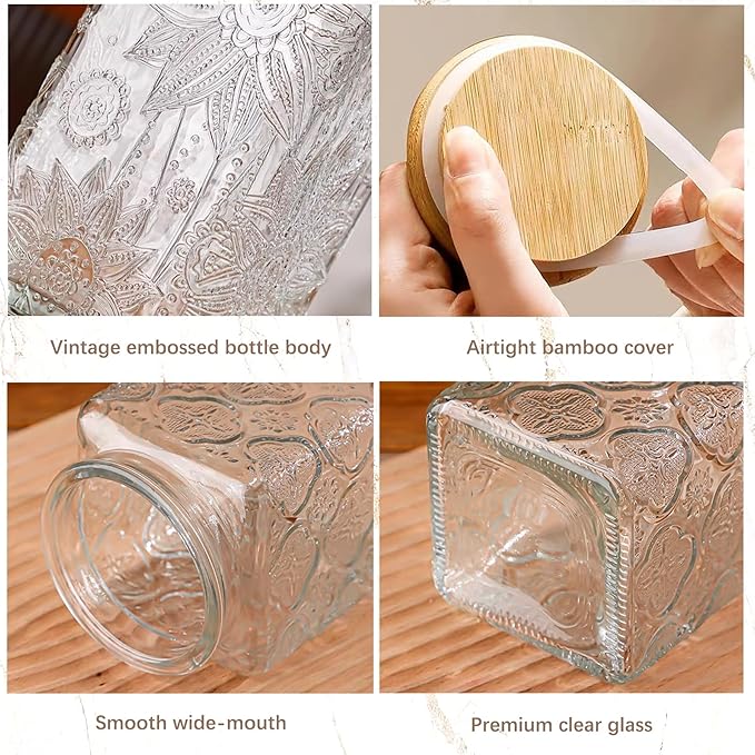 Glass Storage Jars With Airtight Lid, 23.7oz Canister For Kitchen Counter with Bamboo Lid, brown sugar, candy, coffee, cookie, salt, tea,pantry cute Jar (Square Sunflower)