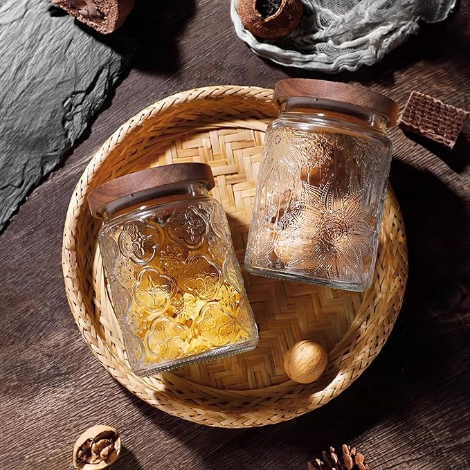 Glass Storage Jars With Airtight Lid, 23.7oz Container For Kitchen Counter with Wooden Lid, brown sugar, candy, coffee, cookie, salt, tea, cute Jar (Begonia Flowers*1)