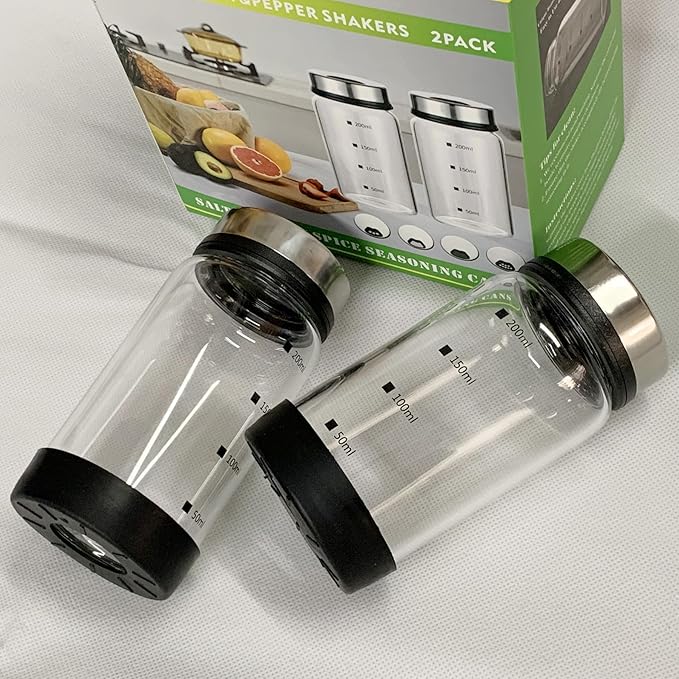 7 oz Salt and Pepper Shaker Set with 304 Stainless Cover Adjustable Outlet Holes Glass Spice Jars Dispenser Seasoning Cans for Kitchen Decor and Home Restaurant BBQ Camping Kitchen Accessories (2Pcs)