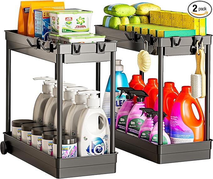 2 Pack Under Sink Organizer, 2 Tier Bathroom Cabinet Organizers and Storage with Hook, Multi-purpose Storage Basket Shelf for Kitchen, Black