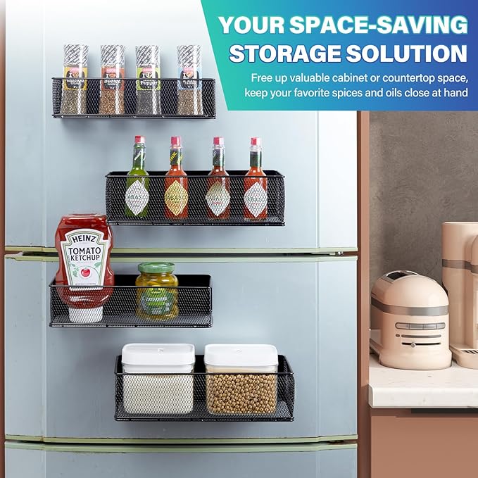 Magnetic Spice Rack for Refrigerator,4 Pack Magnetic Spice Rack for Kitchen Organization,Magnetic Spice Shelf Rack Organizer for Side of Refrigerator Fridge,Kitchen Storage Organizer,Black