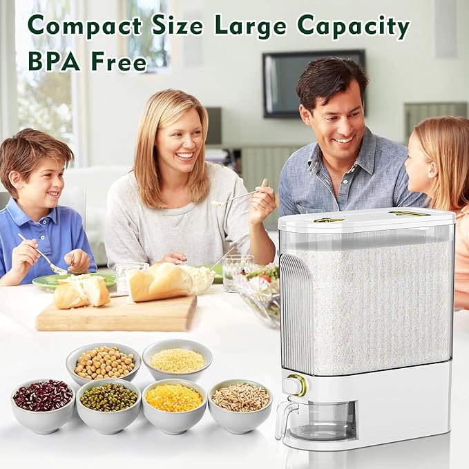 22 Lbs Rice Dispenser, Large Dry Food Storage Container with with Measuring Cup & Time Scale, Food Dispenser Kitchen Organization and Pantry Store for Cereal Dry Food (White)