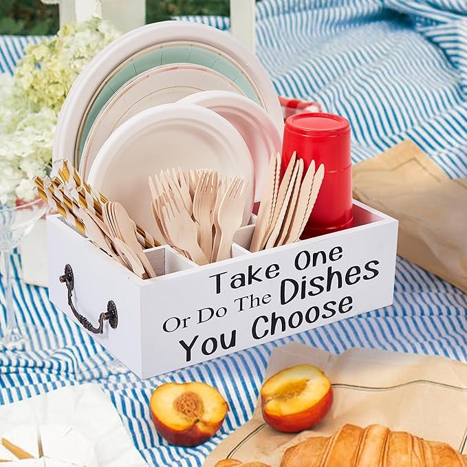 Small Paper Plate Holder,Utensil Cutlery Caddy Organizer for Kitchen Countertop,Party,Picnic,Wood Silverware Dispenser For Cups Forks Spoons Plates Napkins,Coffee Station Organizer(White)