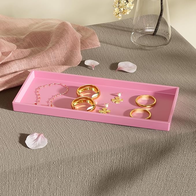 Vanity and Bathroom Tray, 11.8" ABS Countertop Organizer,Waterproof Vanity Tray for Toilet Tank,Perfume,Soap,Keys,Bathroom Accessories,Kitchen and Bath Trays,Non Slip Small Trays,Pink