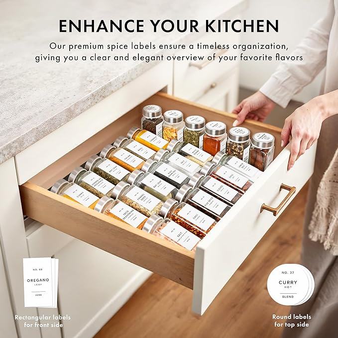 Glass Spice Jars with Label and Stainless Steel Lids (24 x 4oz) Spice Containers with 240 Labels, Shaker Inserts, Steel Funnel, Empty Square Empty Square Seasoning Organizer