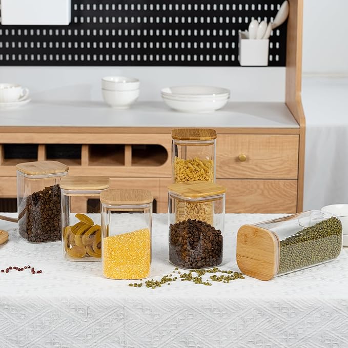 52oz Airtight Glass Square Storage Canister with Bamboo Lid Set of 3 (1550ml) Container Stackable Spice Jar, Kitchen Canister for Flour, Cookies, Cereal and Coffee beans (with Black Lable)