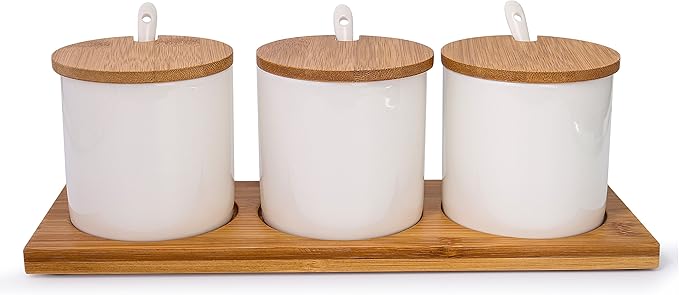 Lucky Goddness June Sky Ceramic Food Storage Containers with Bamboo Lid- Modern Design Porcelain Jar- Perfect Canister for Sugar Bowl Serving Tea, Coffee, Spice- Condiment Pot 8 oz, white