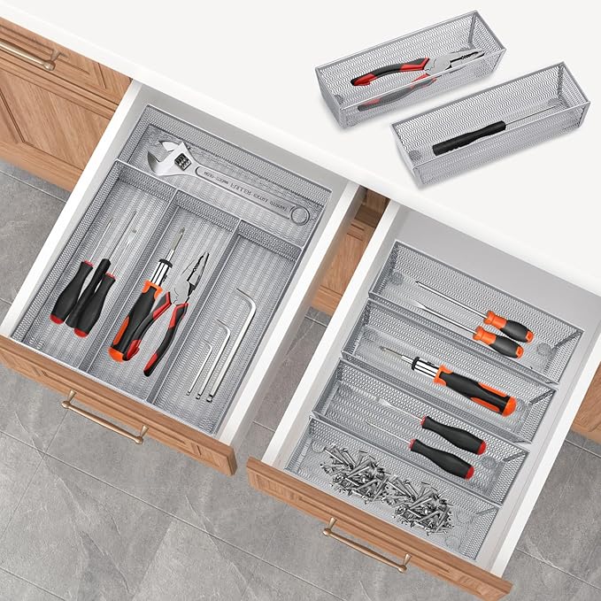 Drawer Organizer Set 5 Pack - 4-Compartment Silverware Organizer Tray + 4 Utensil Trays, Kitchen Drawer Organizer for Flatware, Cutlery, Office Supplies, Silver Mesh, Non-Slip