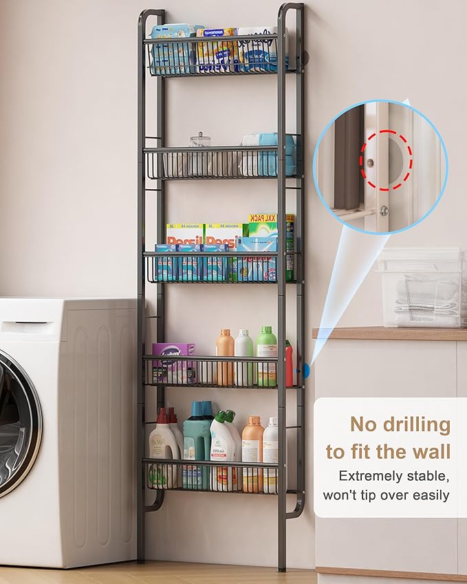 UMDONX Behind The Door Bathroom Shelf Narrow 5-Tier, Space-Saving Slim Bathroom Storage Shelf Narrow Shelving Unit for Bathroom and Kitchen Black