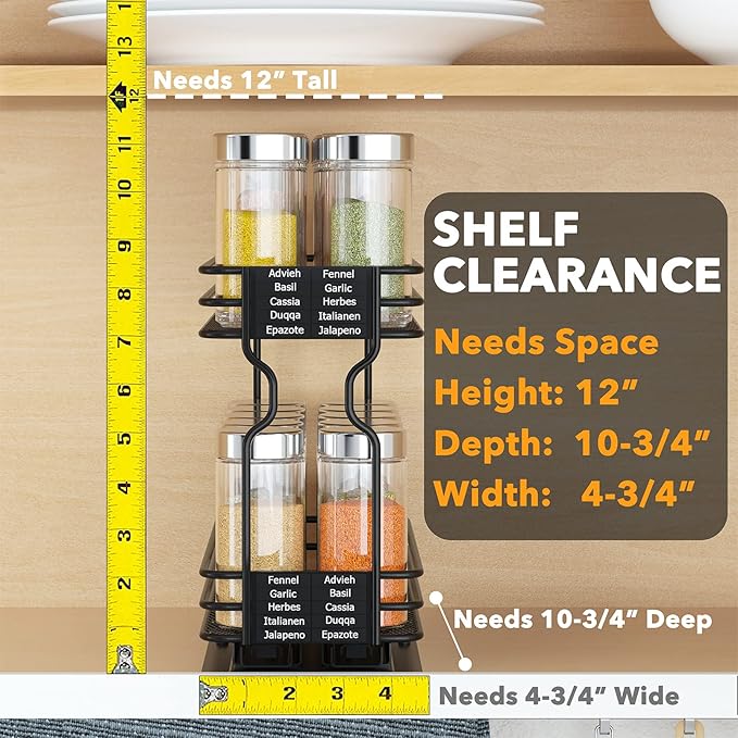 SpaceAid Pull Out Spice Rack Organizer for Cabinet, Heavy Duty Slide Out Seasoning Kitchen Organizer, Cabinet Organizer, with Labels, 4.5" W x10.75 D x8.5 H, 1 Drawer 2-Tier
