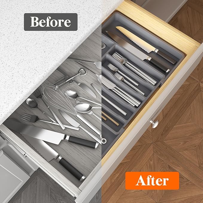 Lifewit Silverware Drawer Organizer and Utensil Organizer Set, Expandable Cooking Cutlery Tray for Kitchen, Adjustable Plastic Flatware Holder Storage Divider for Spoons Forks Knives, Large, Gray
