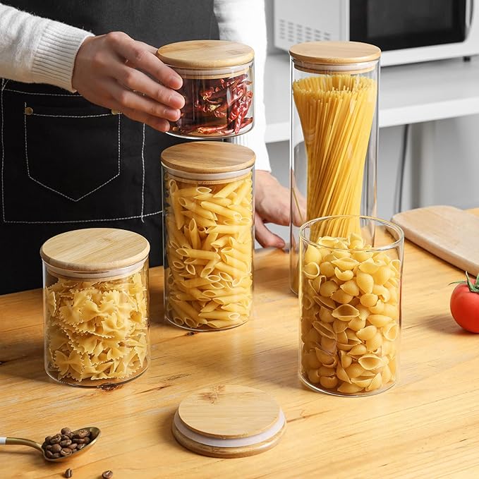 ComSaf Glass Spaghetti Pasta Storage Container with Lids 70oz Set of 3, Tall Clear Airtight Food Storage Jar with Wood Cover Kitchen Pantry Storage Container for Noodles Flour Cereal Coffee Beans