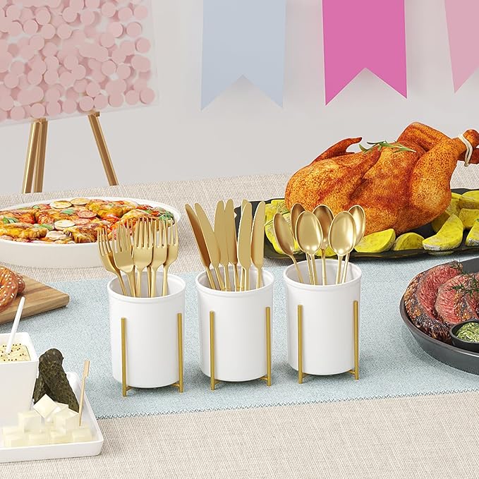 Lifewit 1-Pack Plastic Silverware Holder for Kitchen Countertop, Cutlery Flatware Caddy with Metal Bracket, Utensil Spoon Fork knives Organizer for Party Picnic, Gold