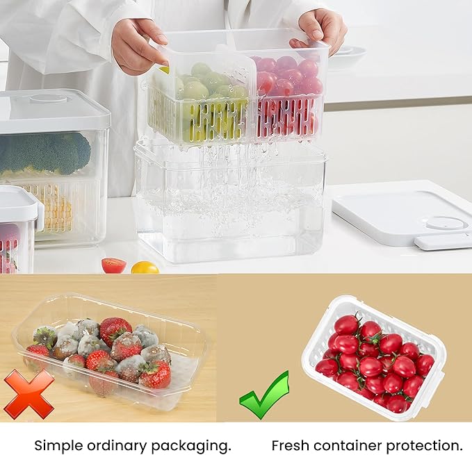 vacane Produce Saver, Fruit Storage Containers Produce Containers Berry Containers with Colanders, 3.8 Cup