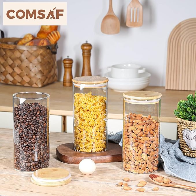 ComSaf Airtight Glass Storage Canister with Wood Lid(44oz), Set of 3 Glass Jars with Lids, Clear Food Storage Container Jar with Sealing Lids for Dry Food Cereal Oat Sugar Tea Coffee Beans, Round