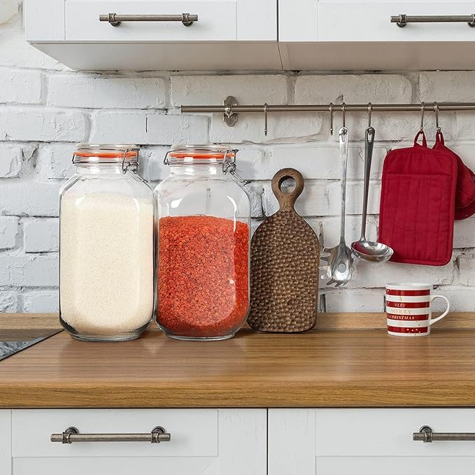 1 Gallon Square Glass Storage Jars with Airtight Lids, 2 Pack Large Glass Pickle Jars for Fermenting, Clear Glass Canister for Flour, Cookie, Candy, Kombucha, Sun tea(Extra Labels and Gasket)